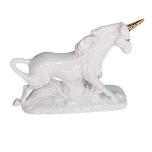 Vintage White Unicorn Figurine Gold Horn Ceramic Taiwan Fantasy Decor Whimsical